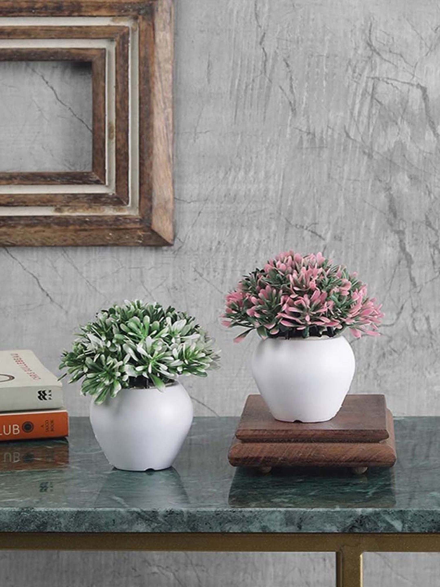 Foliyaj Green & Pink Plastic Artificial Mini Bush With Leaves - Set of 2