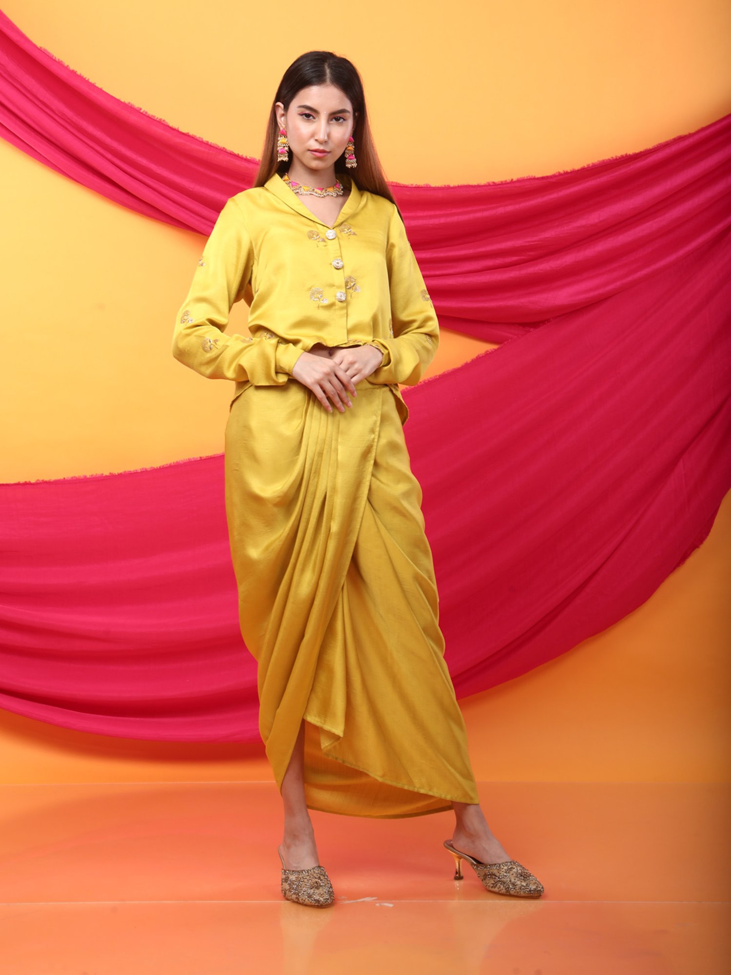 Monk & Mei Gulabo Dhoti and Jacket Co-ordSet-Canary Yellow