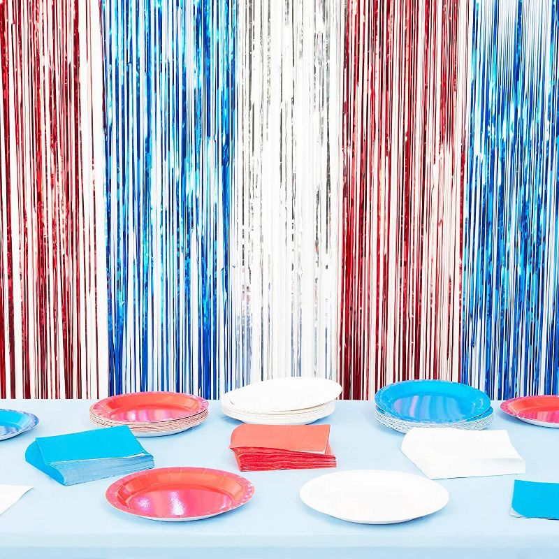 Blue Panda 3 Pack Metallic Tinsel Foil Fringe, Patriotic Wall Decor Party Decorations for 4th of July