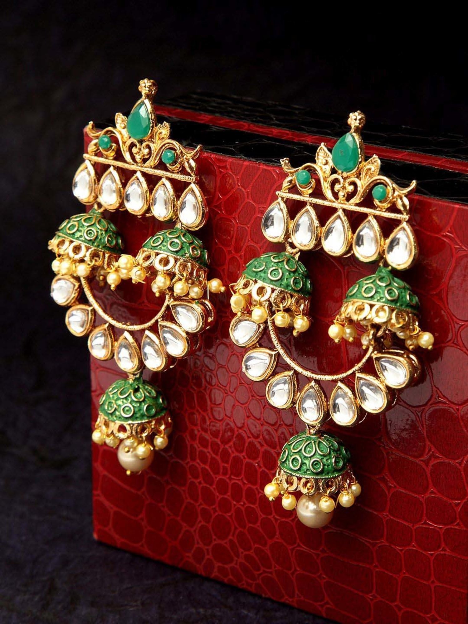Panash Green & Gold-Plated Kundan Handpainted Dangler Earrings