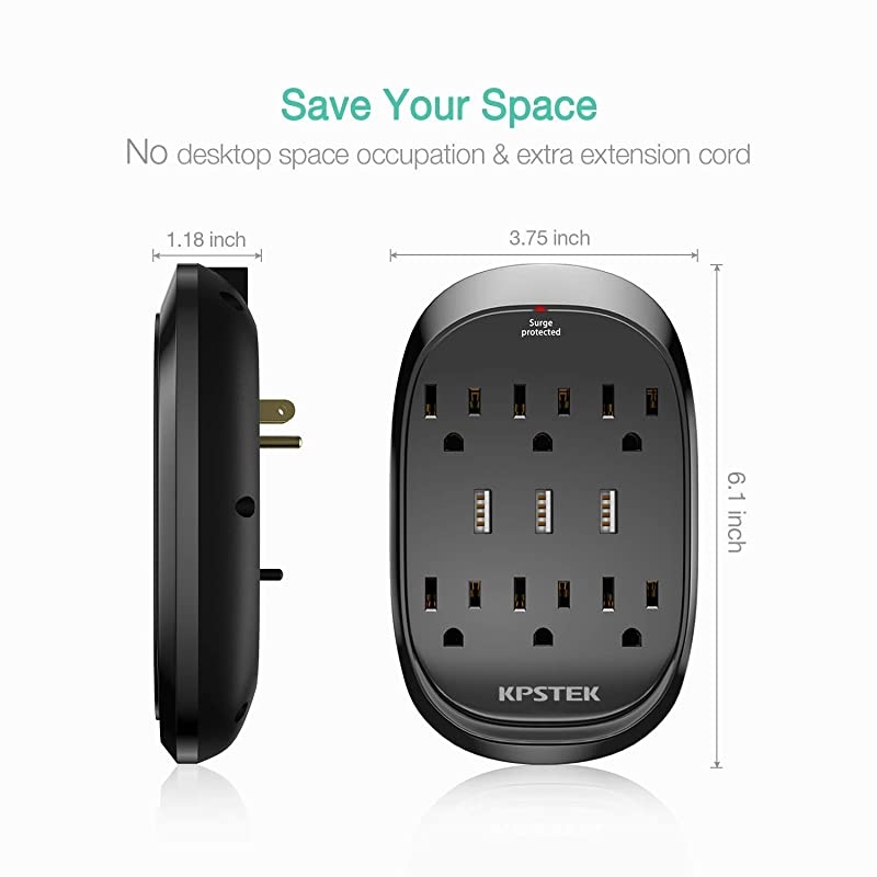 6Outlet Wall Plug Outlet Extender Surge Protector with 3 USB Ports 34A Total Multi Plug Wall Adapter for Home Office and Dorm Room Black KS3336f