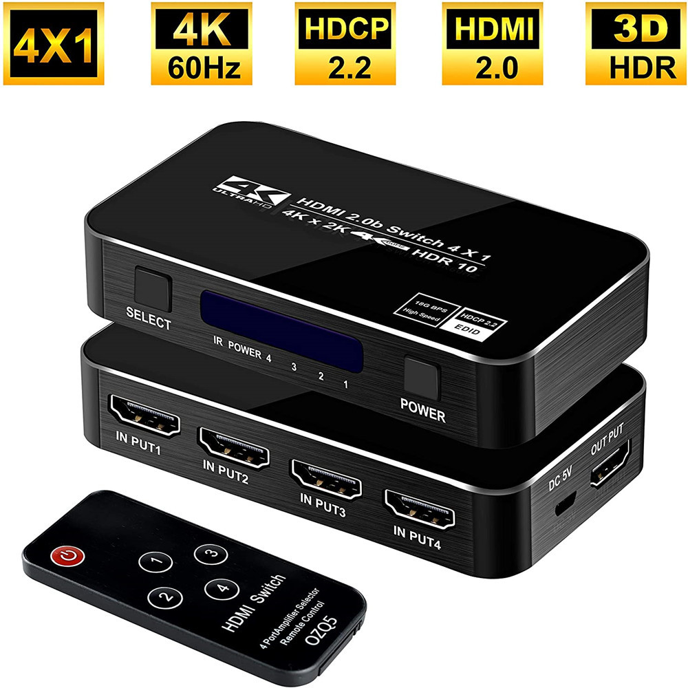 4K HDR HDMI Switch, YXwin 4 Ports 4K 60Hz HDMI 2.0 Switcher Selector with IR Wireless Remote, Supports UltraHD Dolby Vision, High Speed(Max to 18.5Gbps), HDR10, HDCP 2.2 & 3D