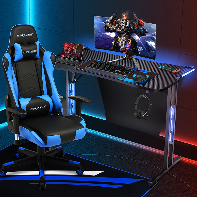 GTRACING Gaming Desk Computer Desk Racing Style Office Table Study Writing Table T Shaped Game Station for Home Office with Cup Holder, Headphone Hook and Privacy Baffle