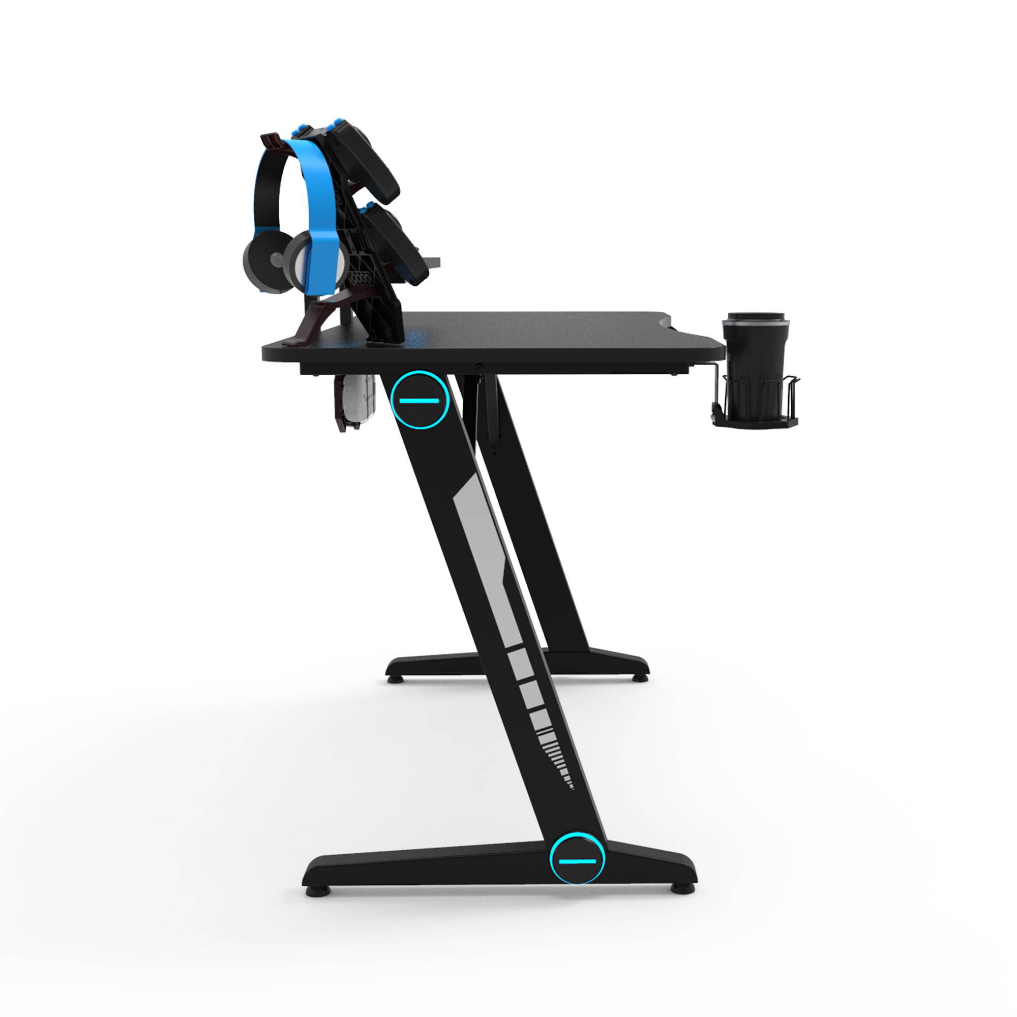 Z-Shaped Gaming Desk Home Office Computer Desk Gamer Workstation with Monitor Stand Carbon Fiber Surface Gamer Table with RGB Lights Cup Holder Headphone Hook Plug Board Holder
