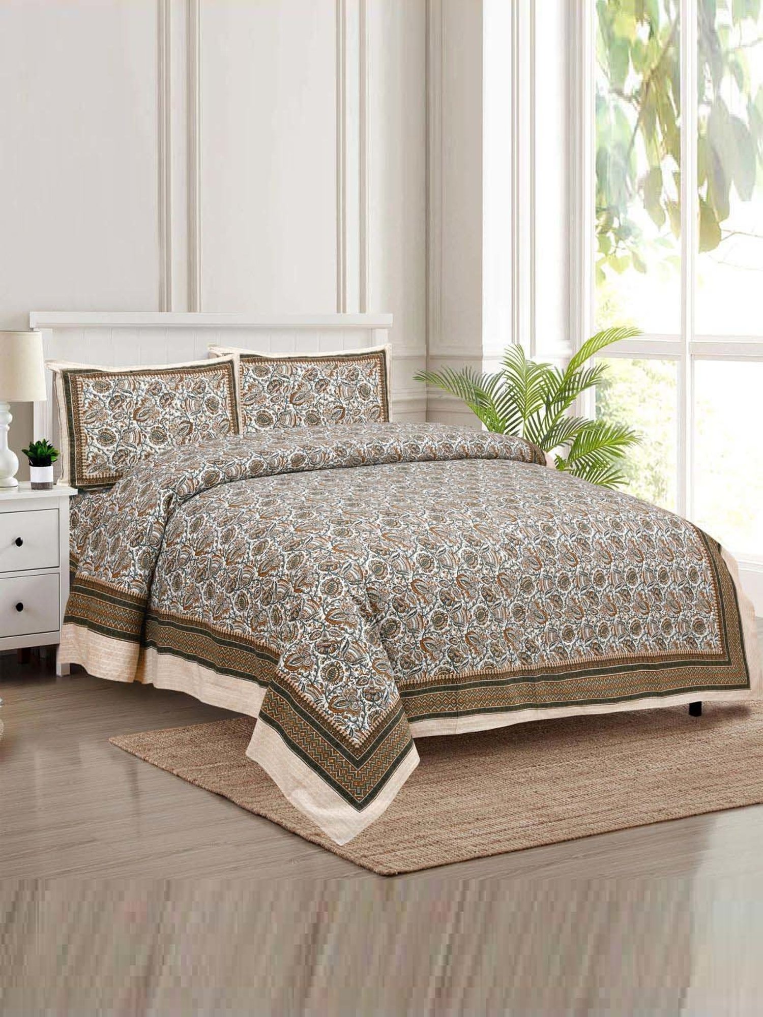 JaipurFabric Musk 180 TC 100% Cotton Florets Double Bedsheet with 2 Pillow Covers