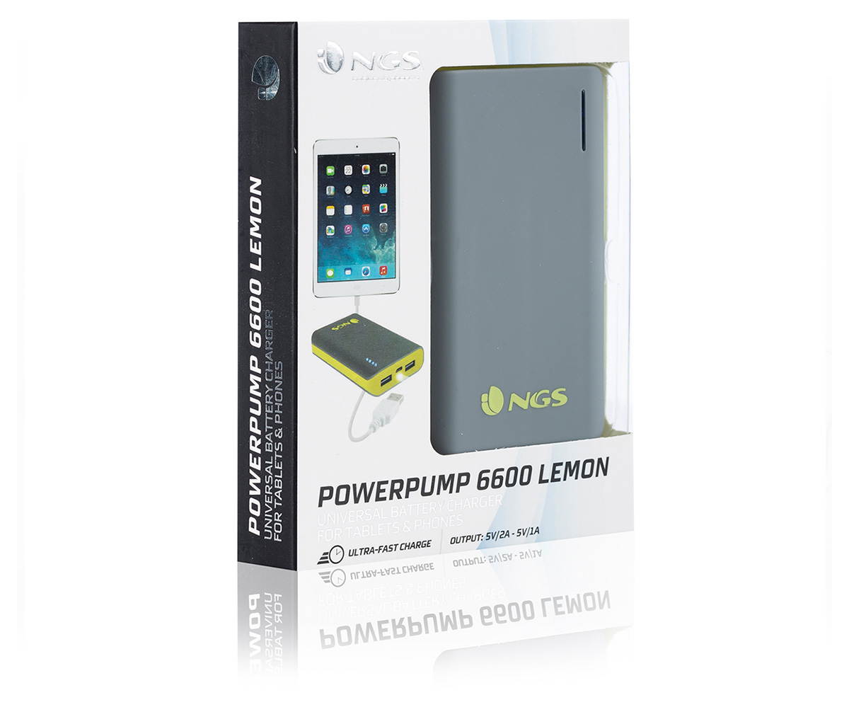 NGS PowerPump 6600mAh Power Bank 2x USB Output (1x5V/1A & 1x5V/2A) Color Lemon Model POWERPUMP6600LEMO