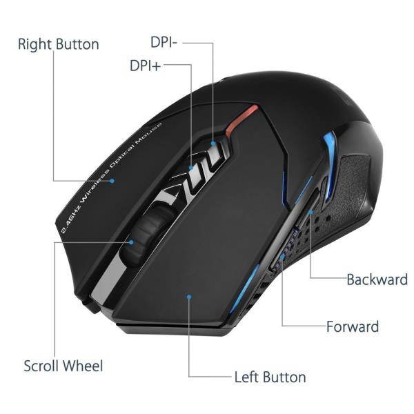 Wireless Gaming Mouse w/ Unique Silent Click Optical 2400 DPI for PC Laptop Mac