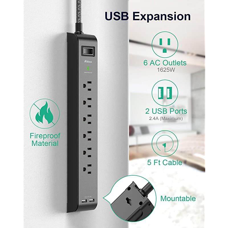 Pack Surge Protector Power Strip with 6 Outlets USB Ports 5Foot Long HeavyDuty Braided Extension Cords Flat Plug 900 Joules 15A Circuit Breaker Wall Mount for Home Office
