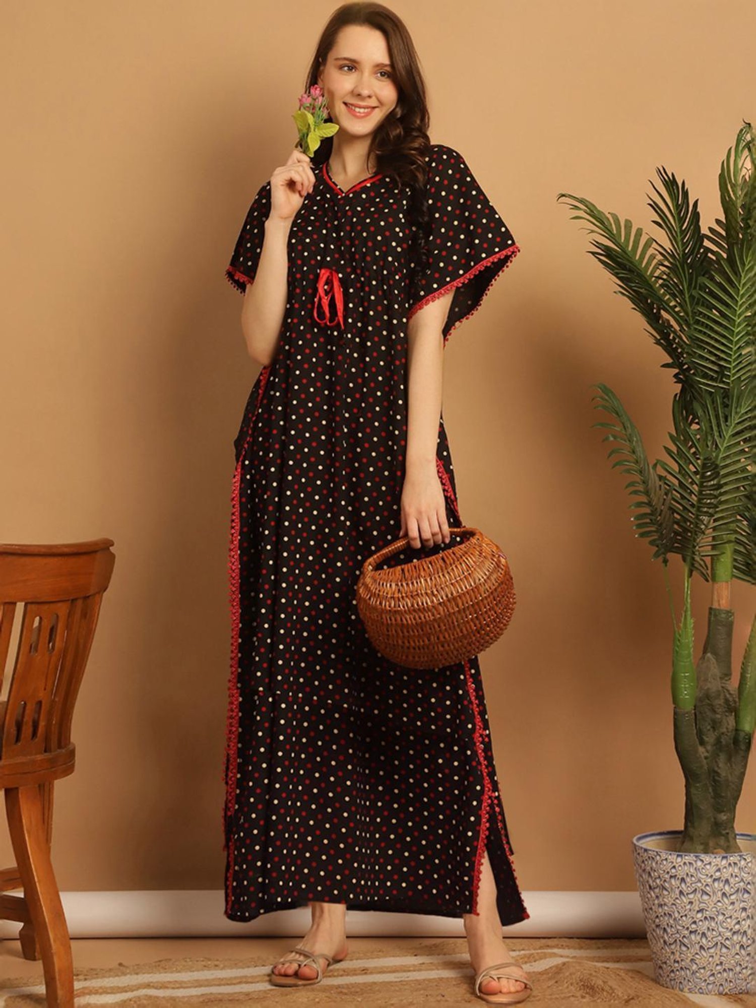 Secret Wish Black Cotton Polka Dots Kaftan