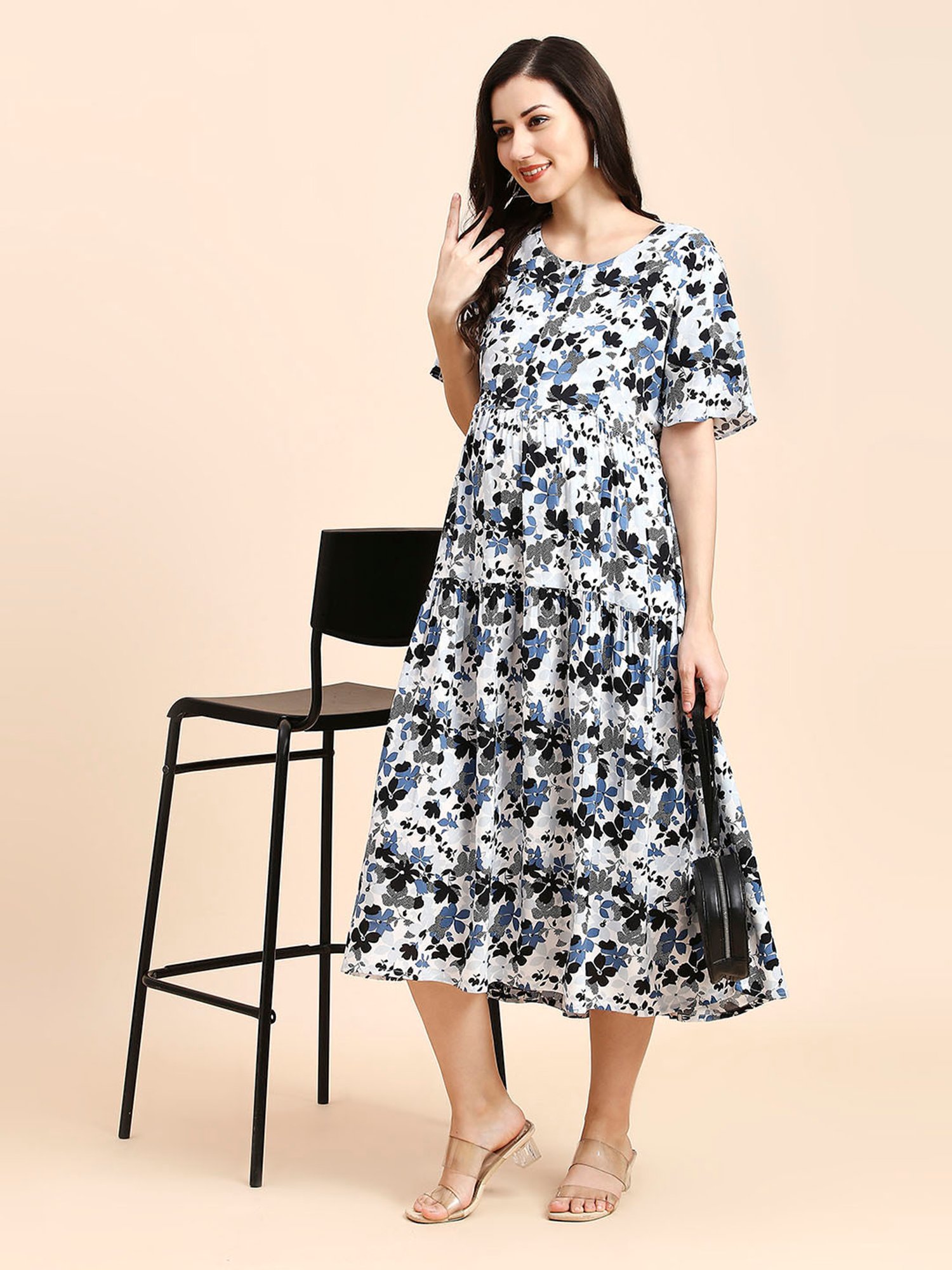 MomToBe Blue & White Floral Print Maternity Midi Dress
