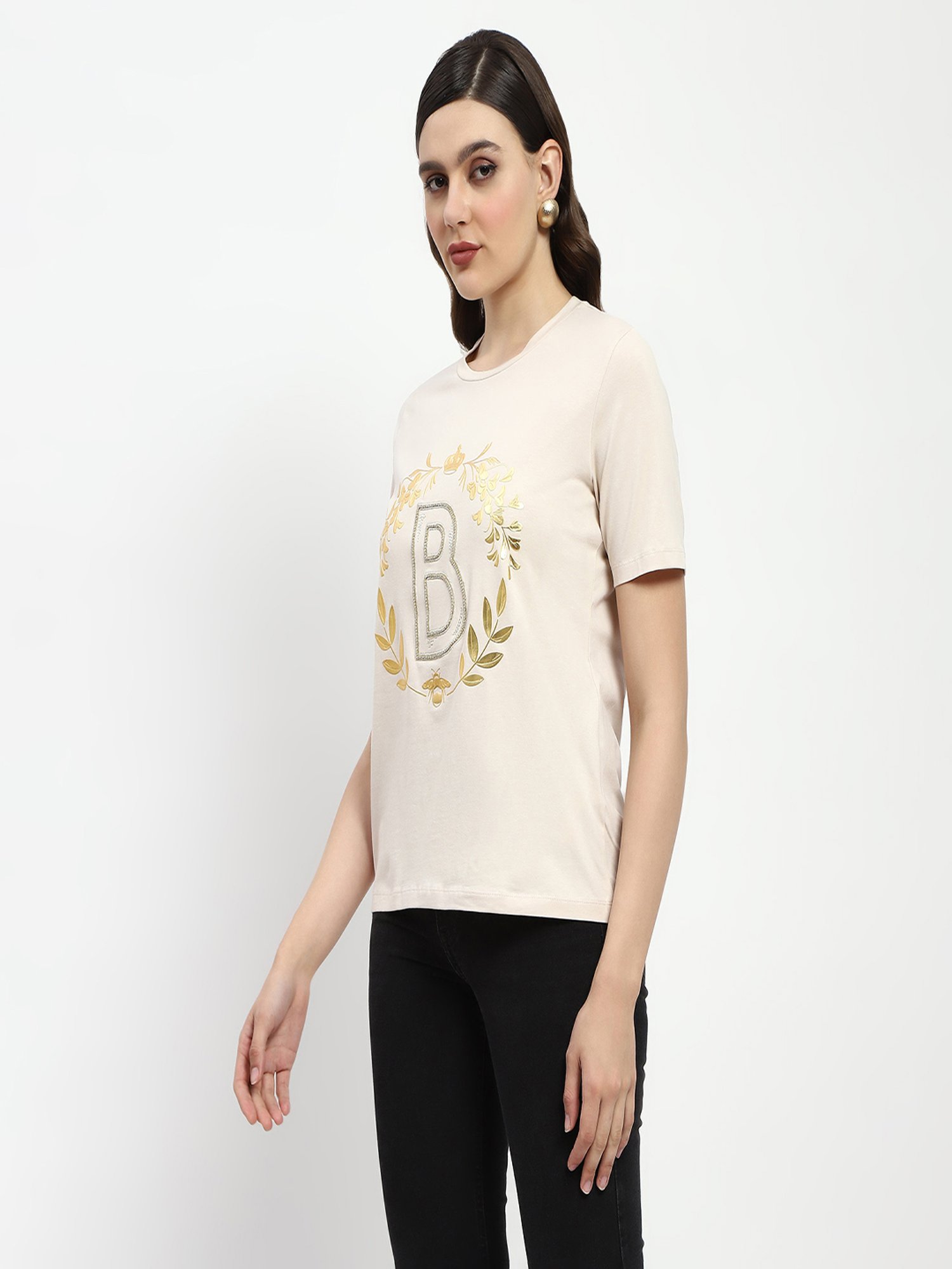 MADAME Beige Embellished T-Shirt
