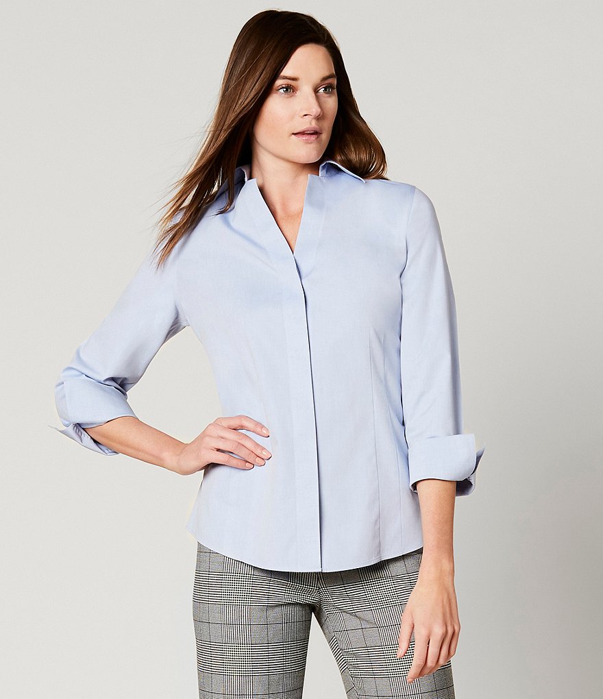 Investments Taylor Gold Label Non-Iron Point Collar Y-Neck 3/4 Sleeve Button Front Shirt