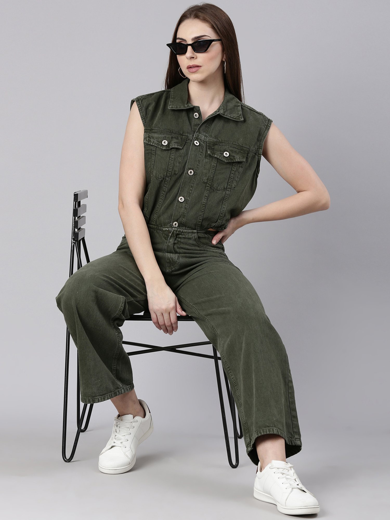 SHOWOFF Olive Denim Maxi Jumpsuit