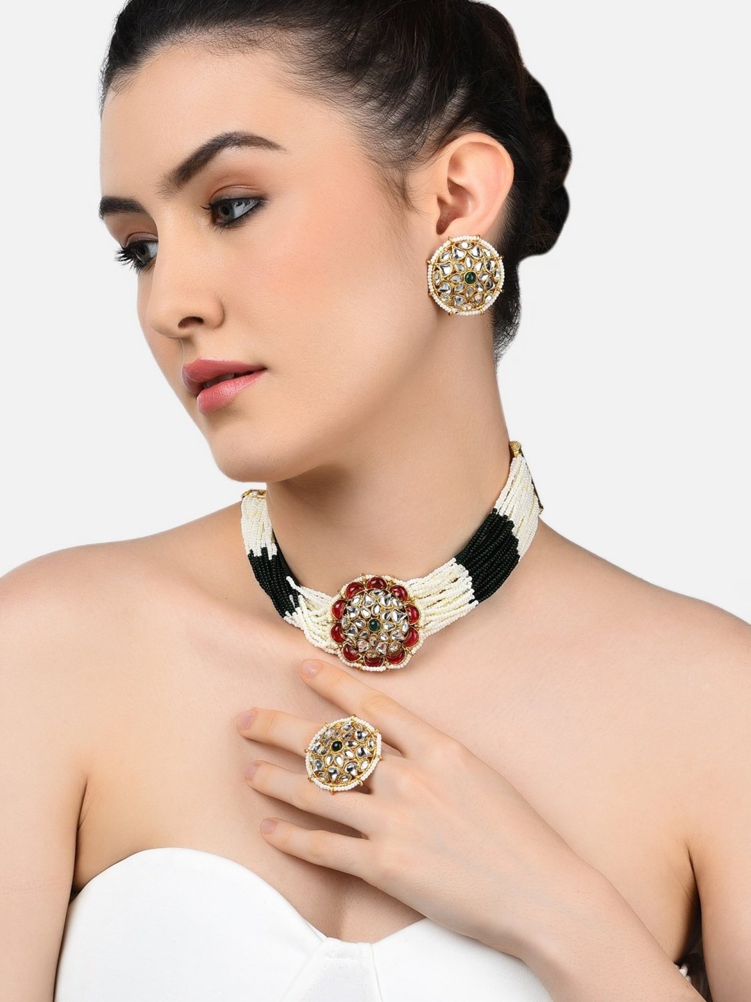 Zaveri Pearls Green & Pink Multistrand Ethnic Choker Necklace Earring & Ring Set-ZPFK10775