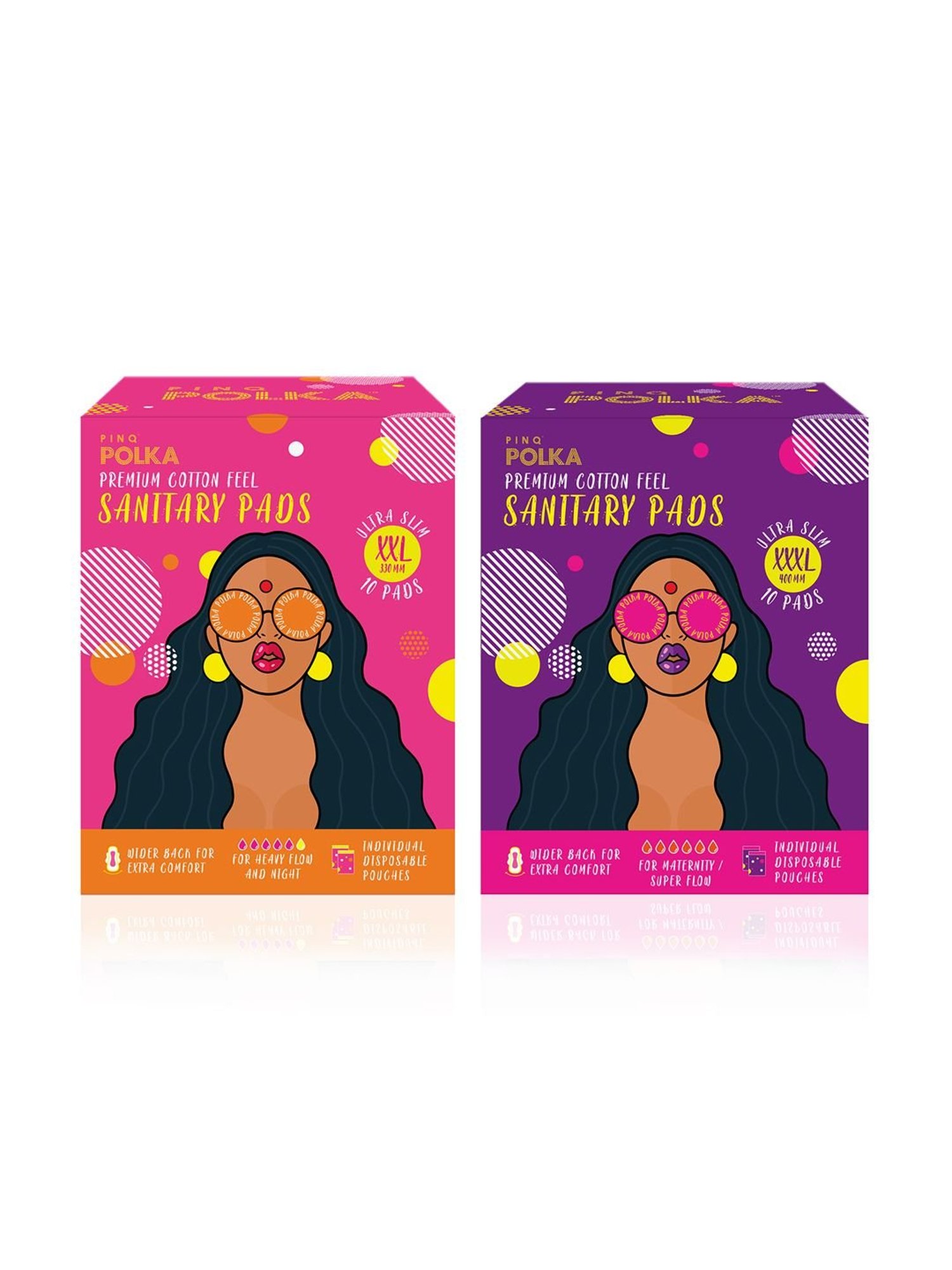 PINQ Polka Cotton Ultra Sanitary Pad,10 each (XXXL + XXL) with Individual Disposable Pouch, 20 Pads