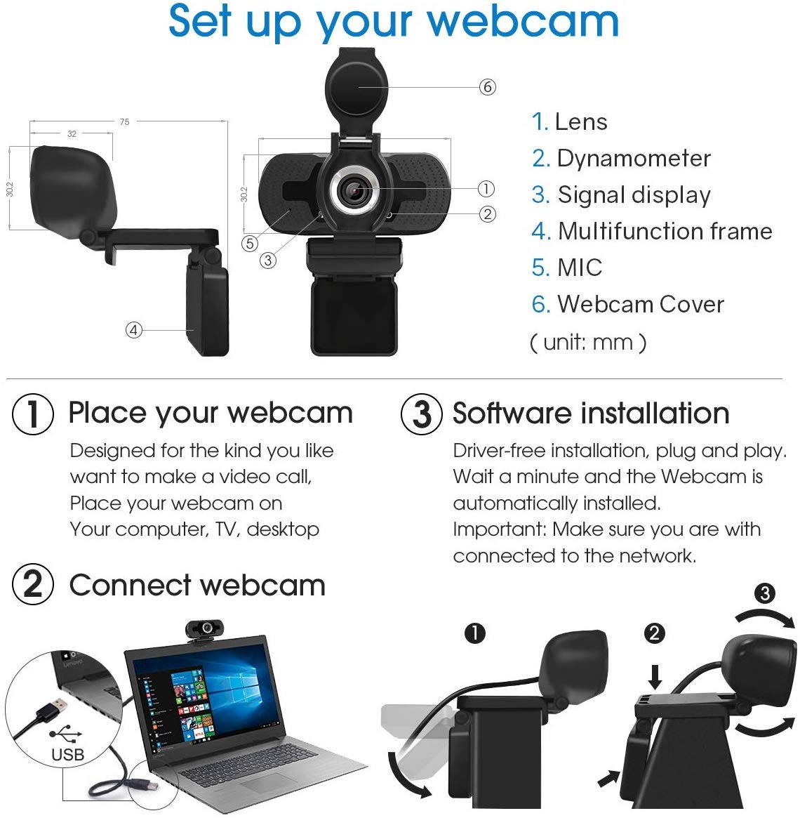 New Webcam, 1080P Full HD Webcam with Webcam Cover,Computer Laptop Camera for Conference and Video Call, Pro Stream Webcam with Plug and Play Video Calling,Built-in Mic