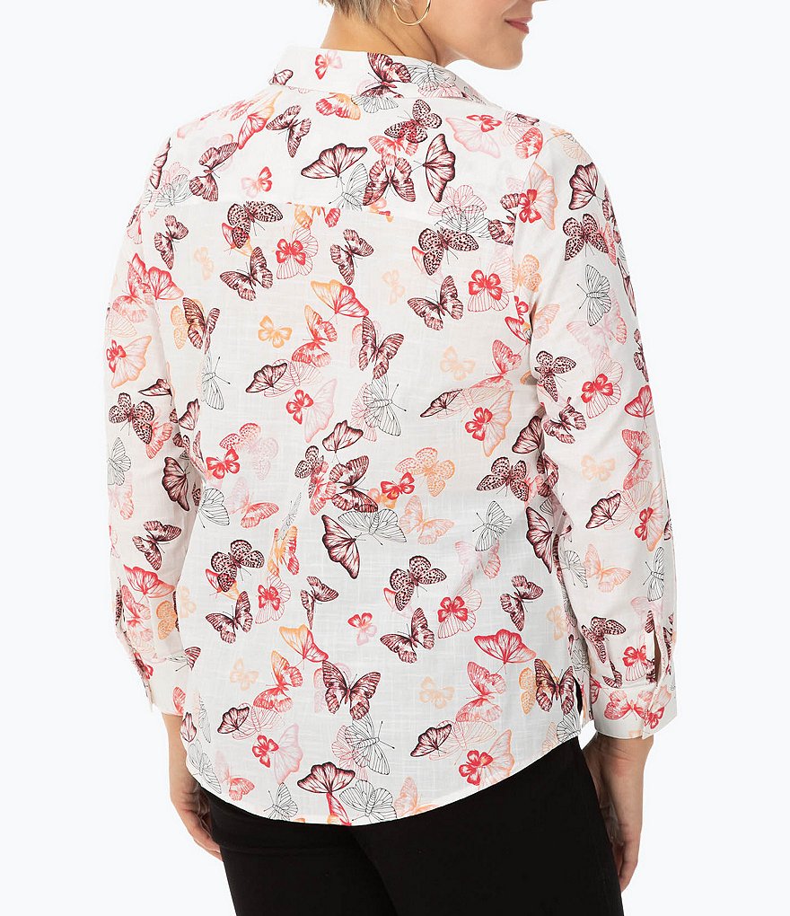 Foxcroft Plus Size Zoey Butterfly Print Point Collar Neck Long Sleeve Shirt