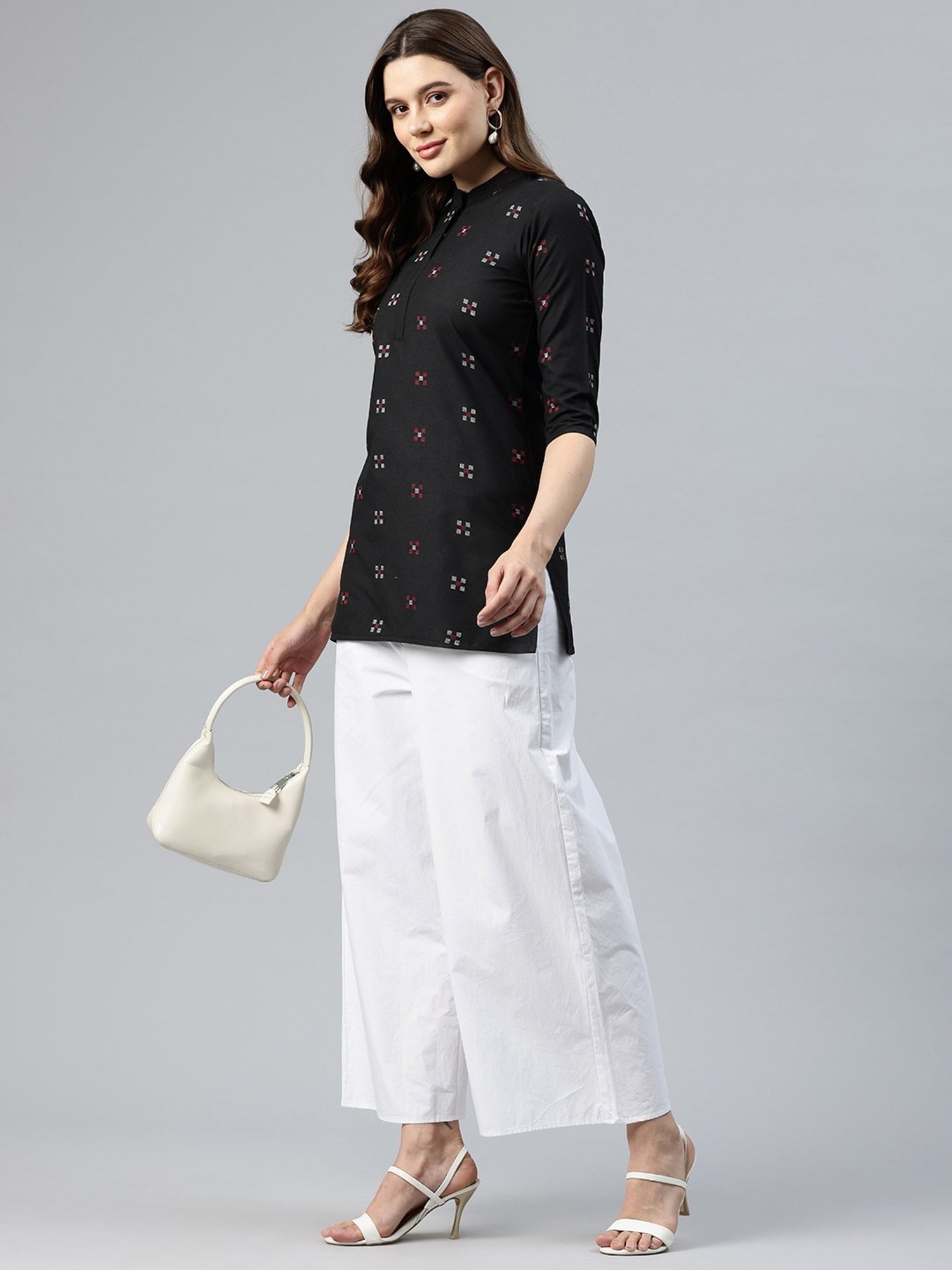 One Femme Black Cotton Embroidered A Line Kurti