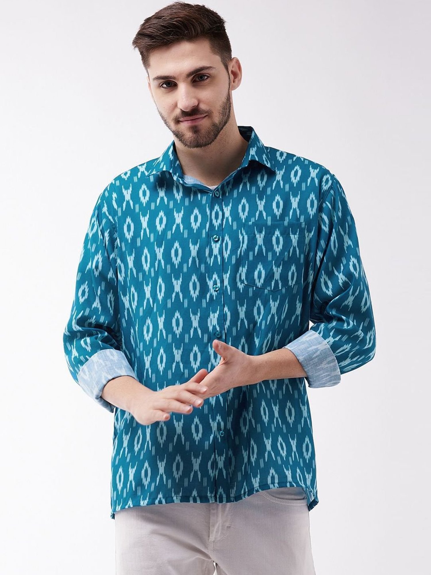 Vastramay Turquoise Cotton Straight Fit Printed Shirts