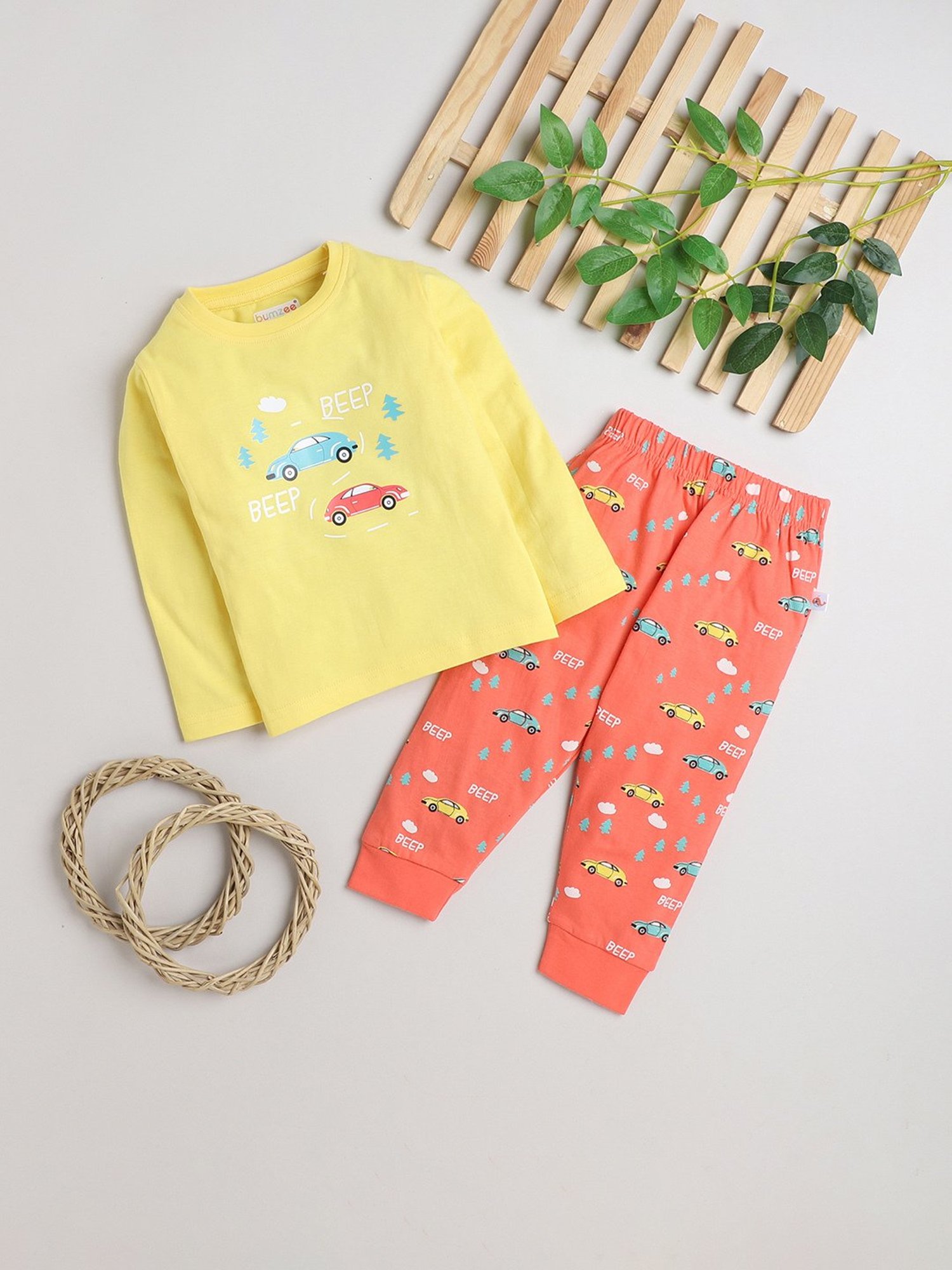 Bumzee Boys Yellow & Coral Printed Full Sleeves T-Shirt with Pyjamas