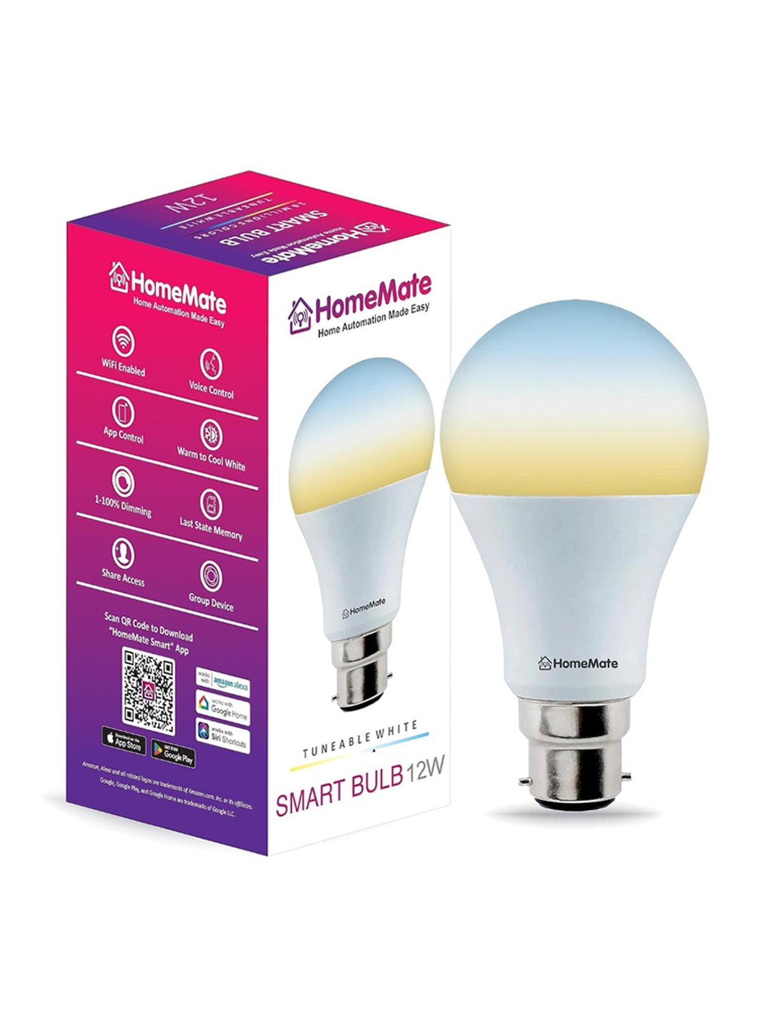 HomeMate WiFi CCT 12 Watt Smart Bulb Compatible with Alexa, Google Home and Siri (Multicolor)