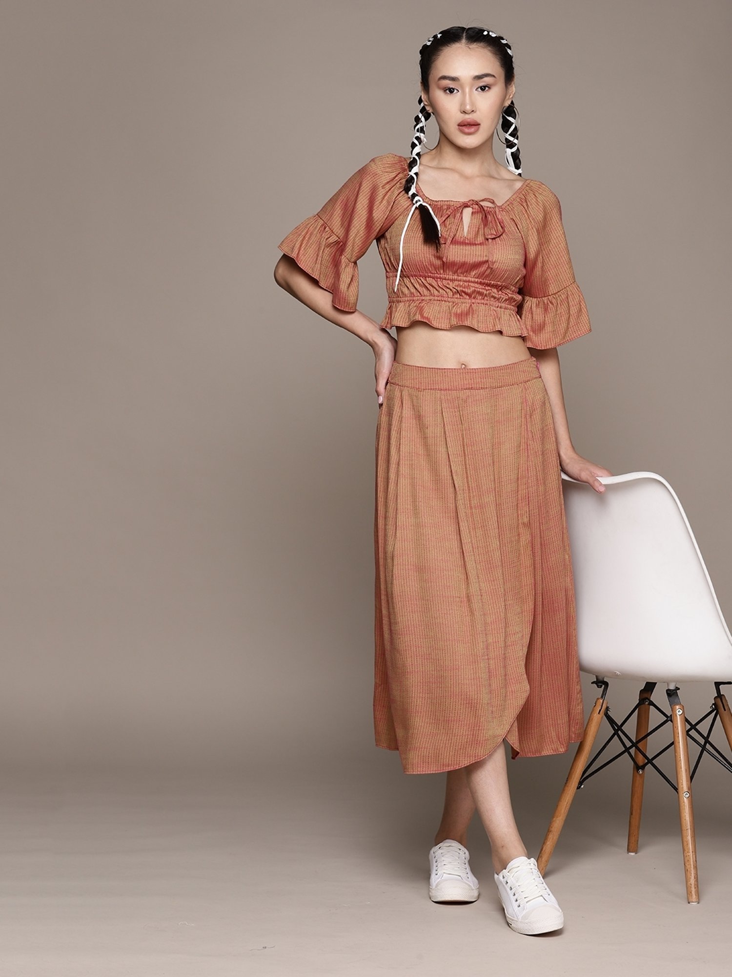 aarke Ritu Kumar Rust Printed Short Top And Skirt Co-Ord Set