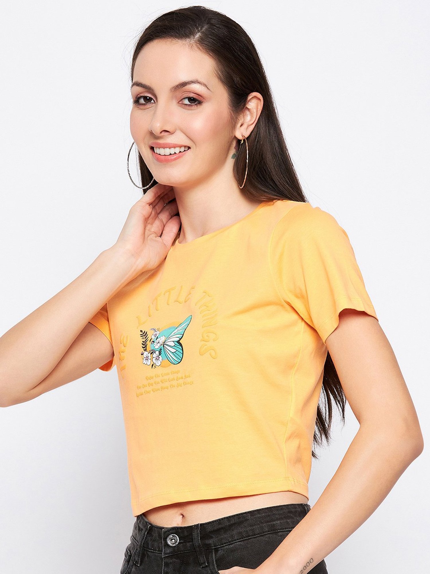 MADAME Orange Cotton Graphic Print Crop T-Shirt