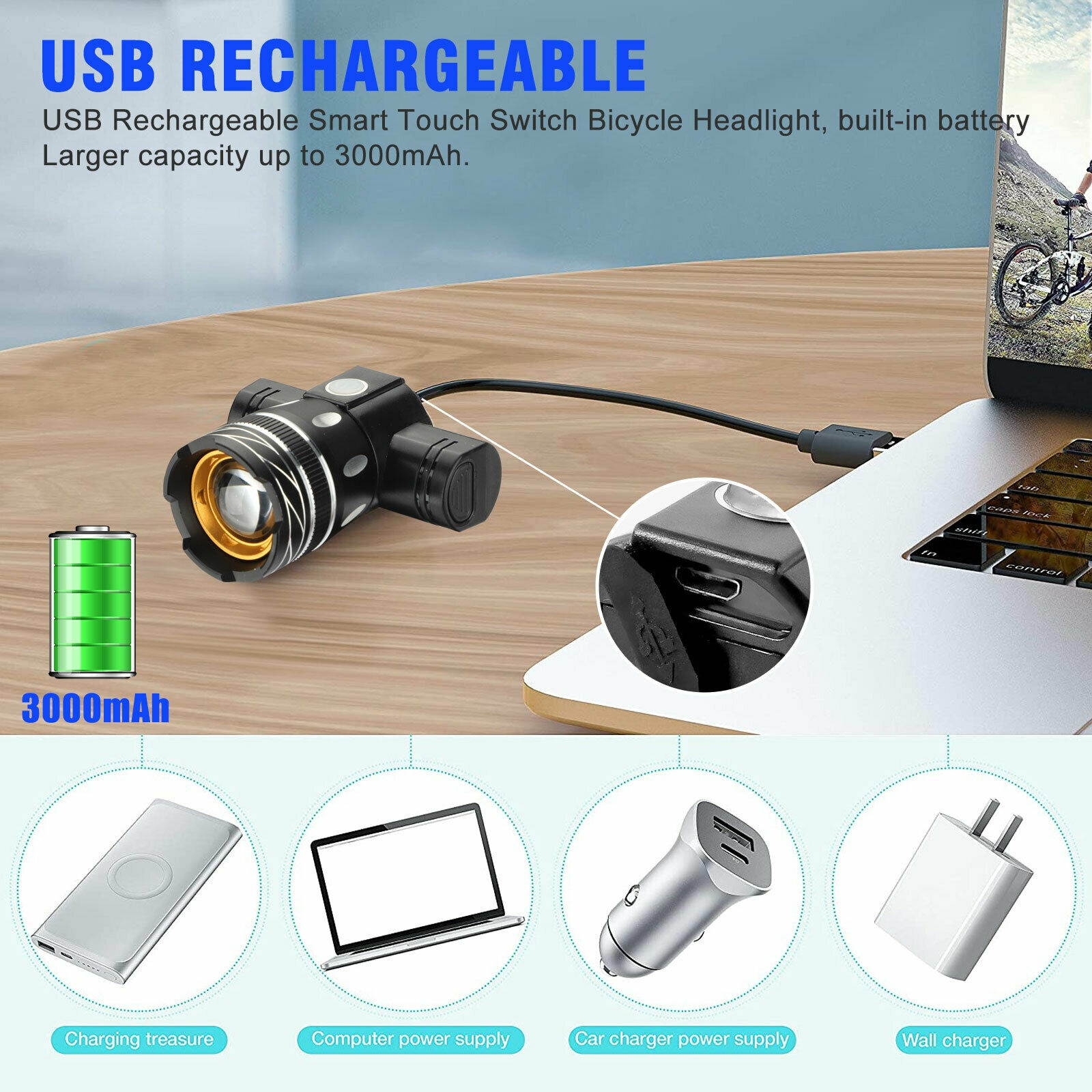 USB Rechargeable LED Bicycle Headlight Bike Head Light Front Rear Lamp Cycling