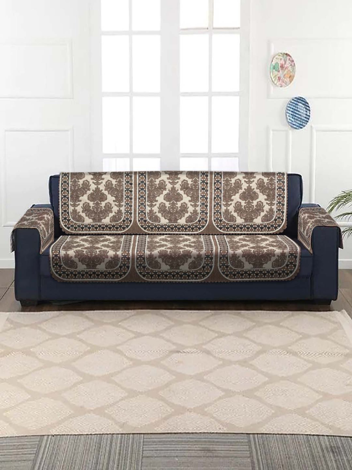 HOSTA HOMES Beige & Brown Velvet Sofa Cover With Arm Rest - Set of 16