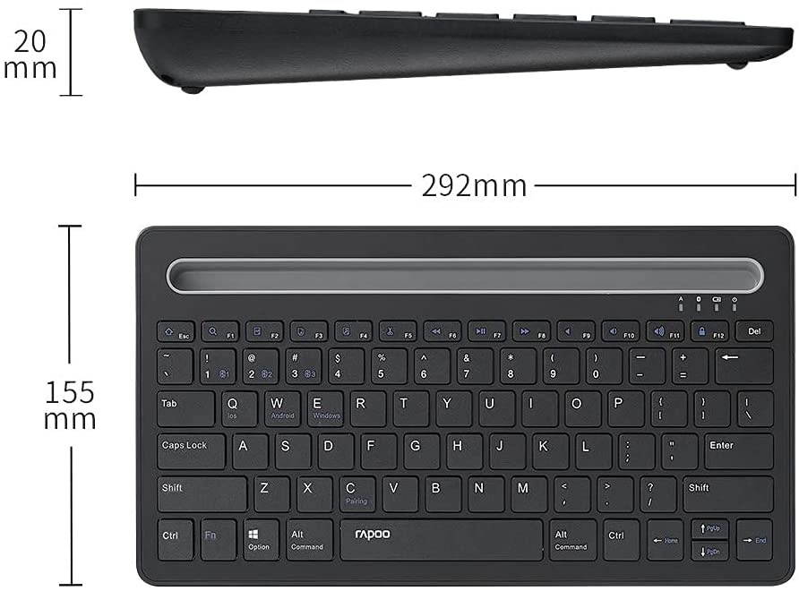 RAPOO XK100 Multi-Device Bluetooth Keyboard, Rechargeable Noiseless Portable Wireless Keyboard Connect to 3 Devices for Tablet Cellphone PC Smart TV, Compatible with Windows 7/8/10/XP Vista Linux Mac