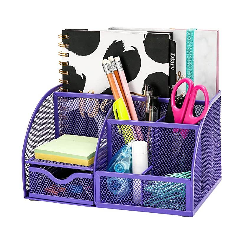 Mesh Desk Organizer Office with 7 Compartments + DrawerDesk Tidy CandyPen HolderMultifunctional Organizer Purple Color EX348PPL