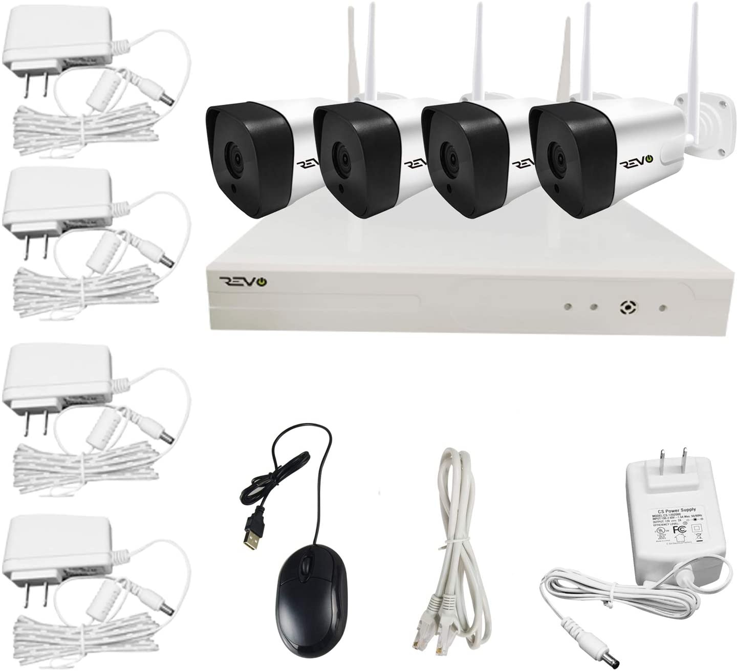 REVO America Wireless 4CH. Security System - 1TB HDD Full-HD Wi-Fi NVR, 4 x 720P Indoor/Outdoor Bullet Cameras - Remote Access Via Smart Phone, Tablet and Pc