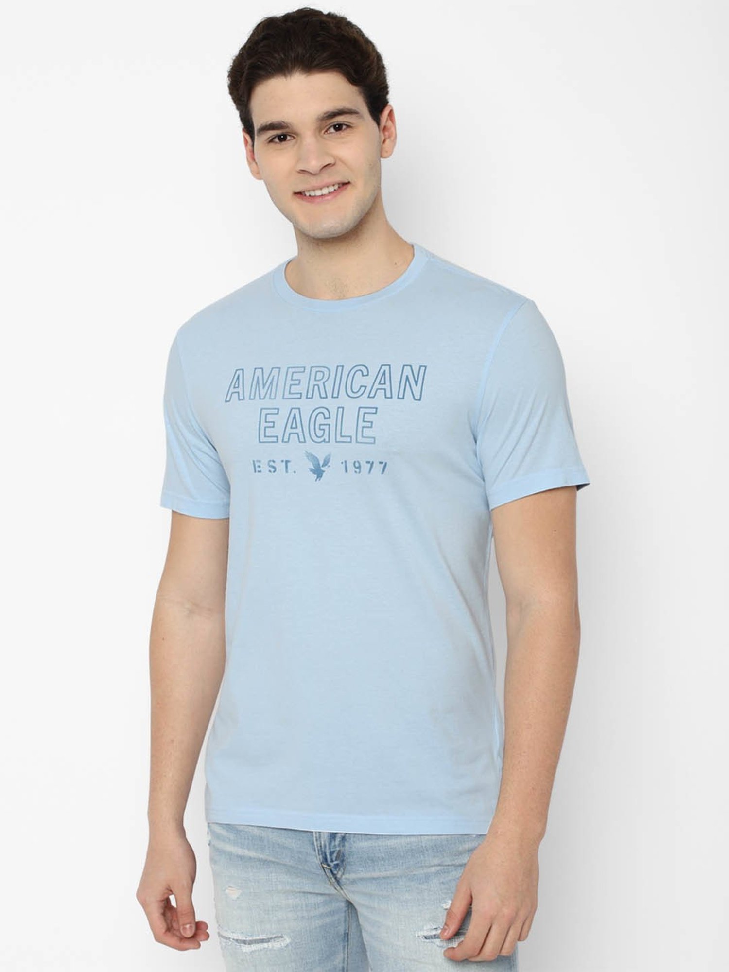 American Eagle Outfitters Light Blue Cotton Regular Fit Printed T-Shirt