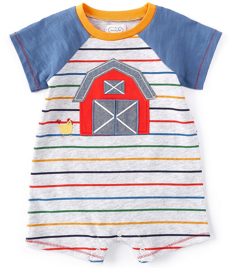 Mud Pie Baby Boys Newborn-18 Months Short-Sleeve Farmhouse Barn Mixed-Media Shortall