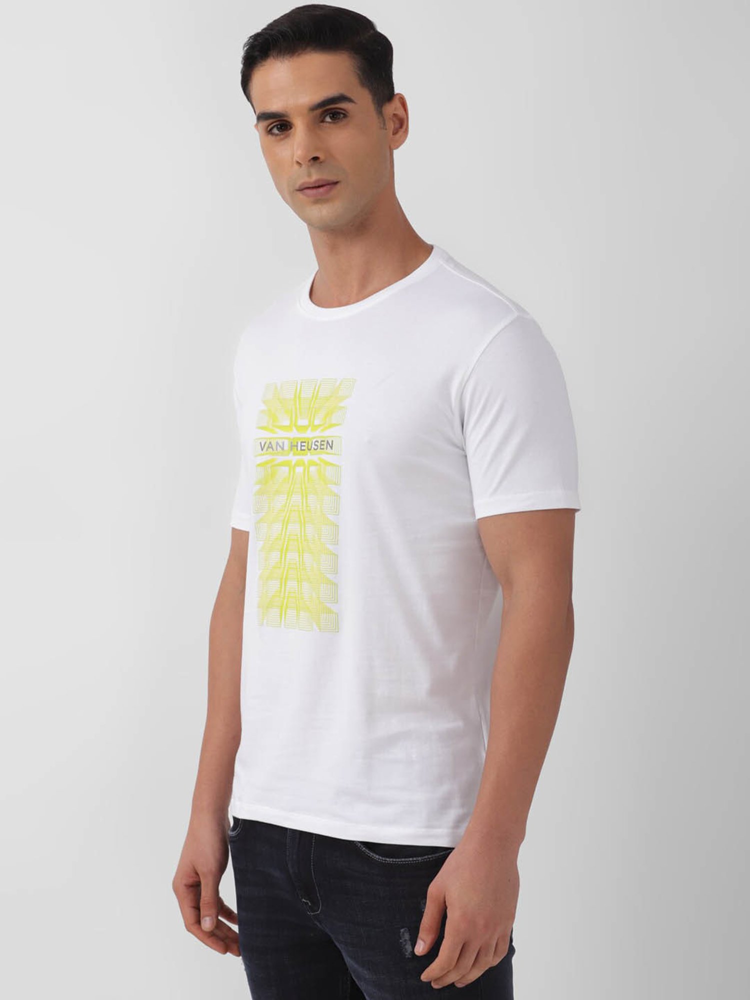 V Dot White Cotton Slim Fit Printed T-Shirt