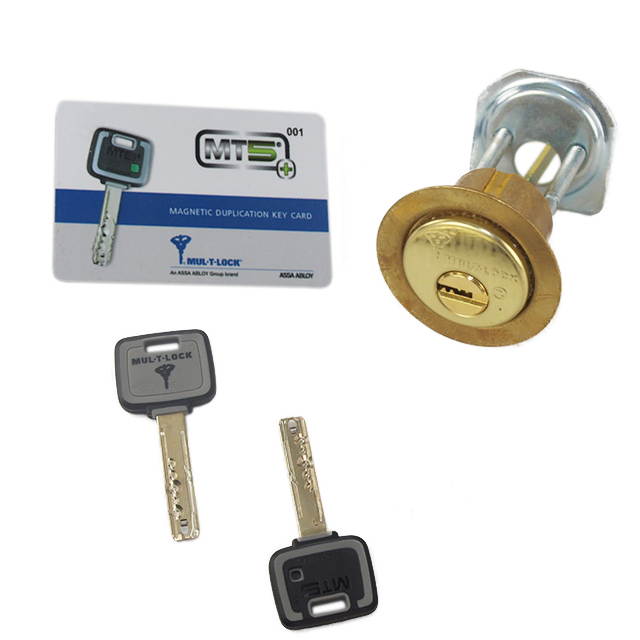 Mul-t-lock, RIM1VT-05-MT5, Brass, Replacement 1-1/8" Rim Cylinder Lock For Jimmy Proof Deadlock, HIGH SECURITY, MT5 + KEYWAY