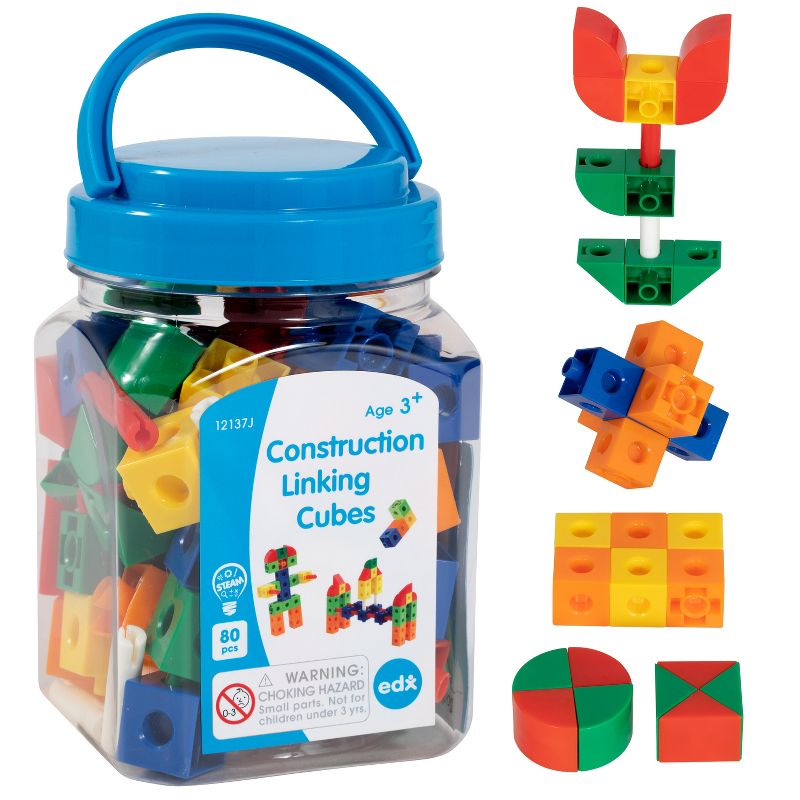 Edx Education Construction Linking Cubes - Mini Jar - Set of 80 - Linking Cubes - STEM Play - Math Manipulative for Kids