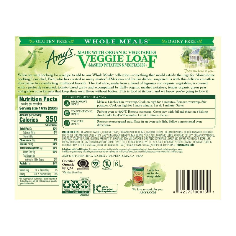 Amy's Gluten and Dairy Free Frozen Organic Veggie Loaf & Mashed Potatoes - 10oz