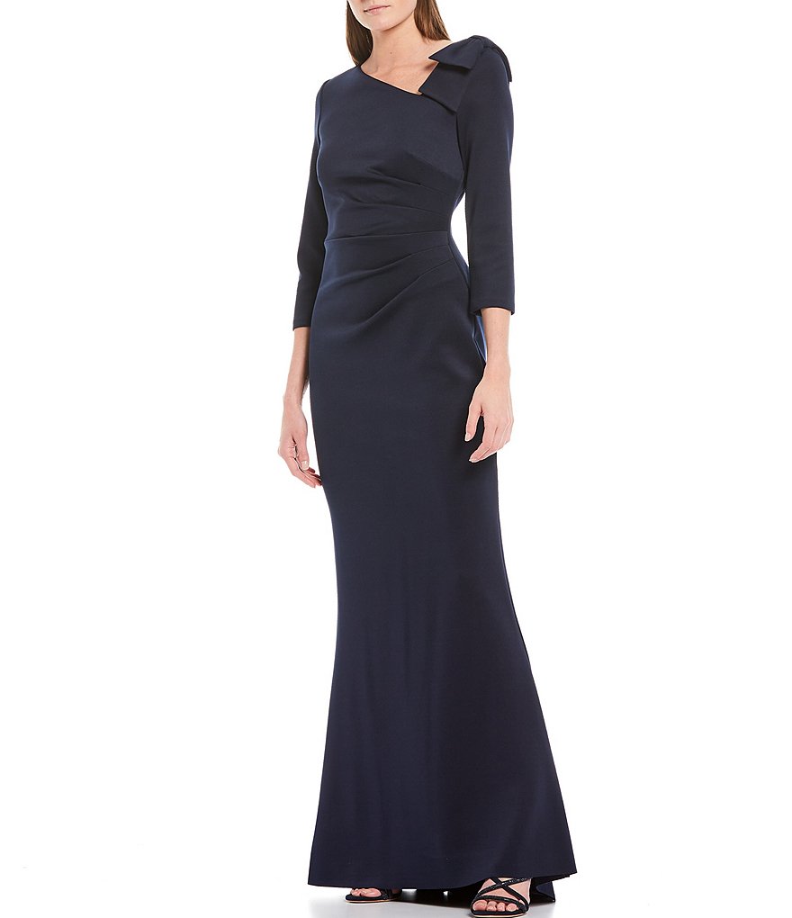Jessica Howard Petite Size Elbow 3/4 Sleeve One-Shoulder Asymmetrical Neck Side Tuck Gown
