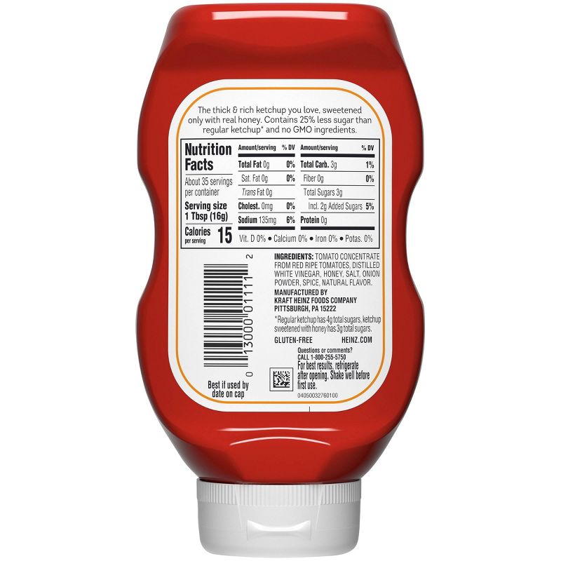 Heinz Sweetened with Honey Reduced Sugar Ketchup - 19.5oz