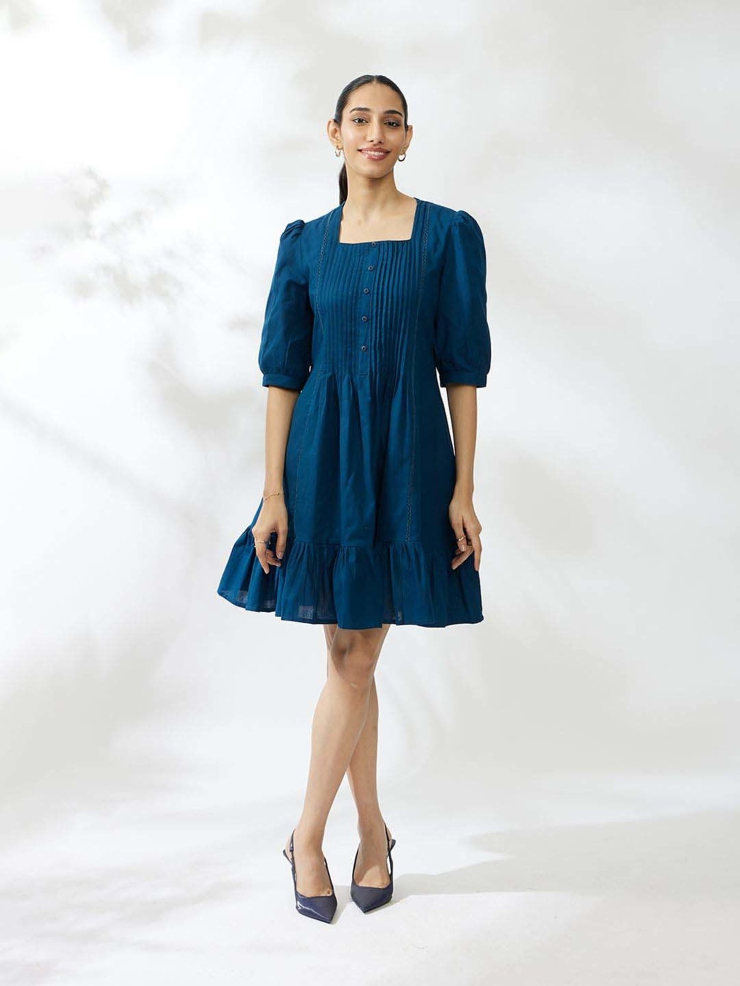 Daali Blue Cotton Regular Fit A-Line Dress