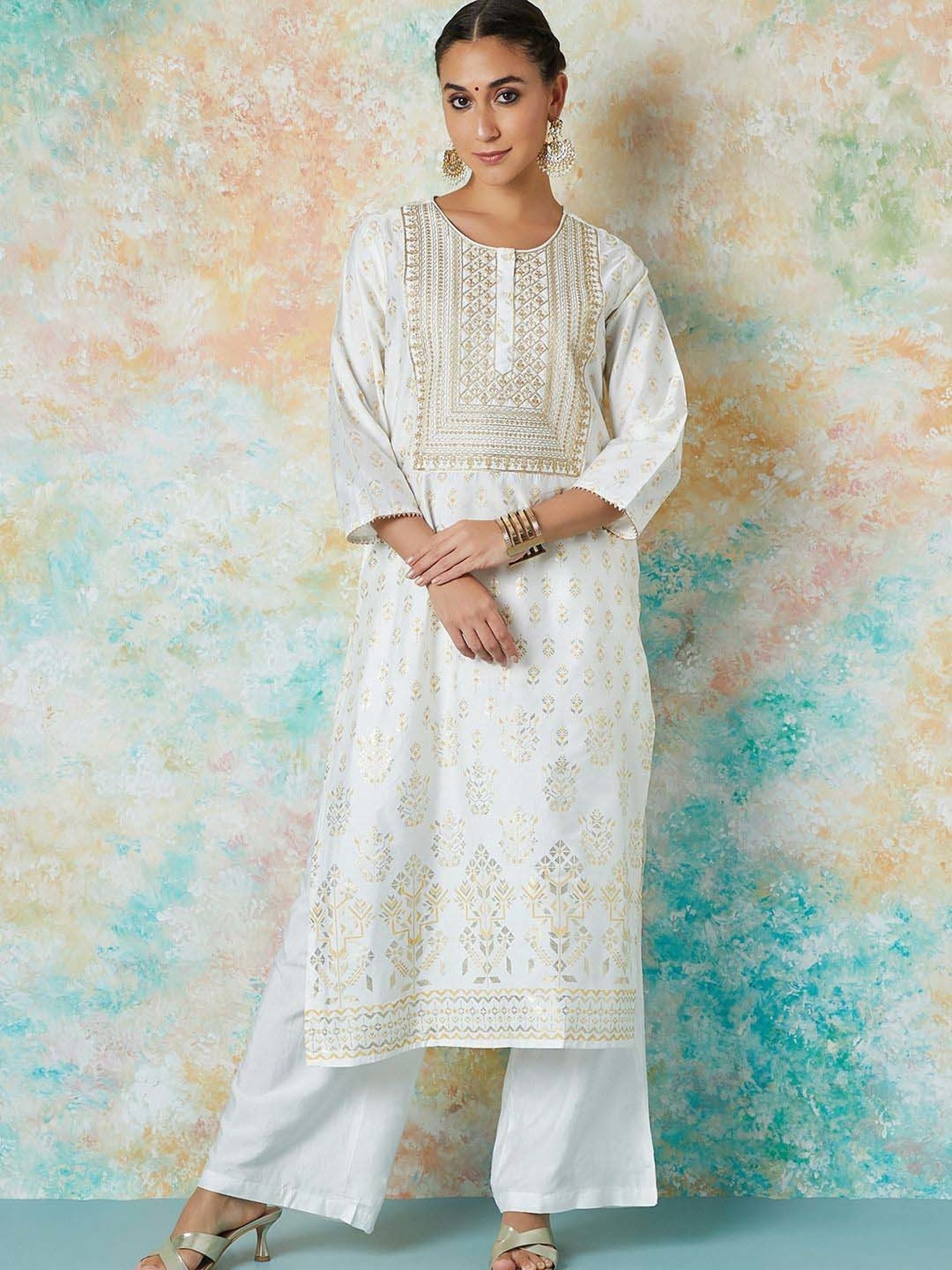 Melange by Lifestyle Off-White Embroidered Kurta Palazzo Set With Dupatta