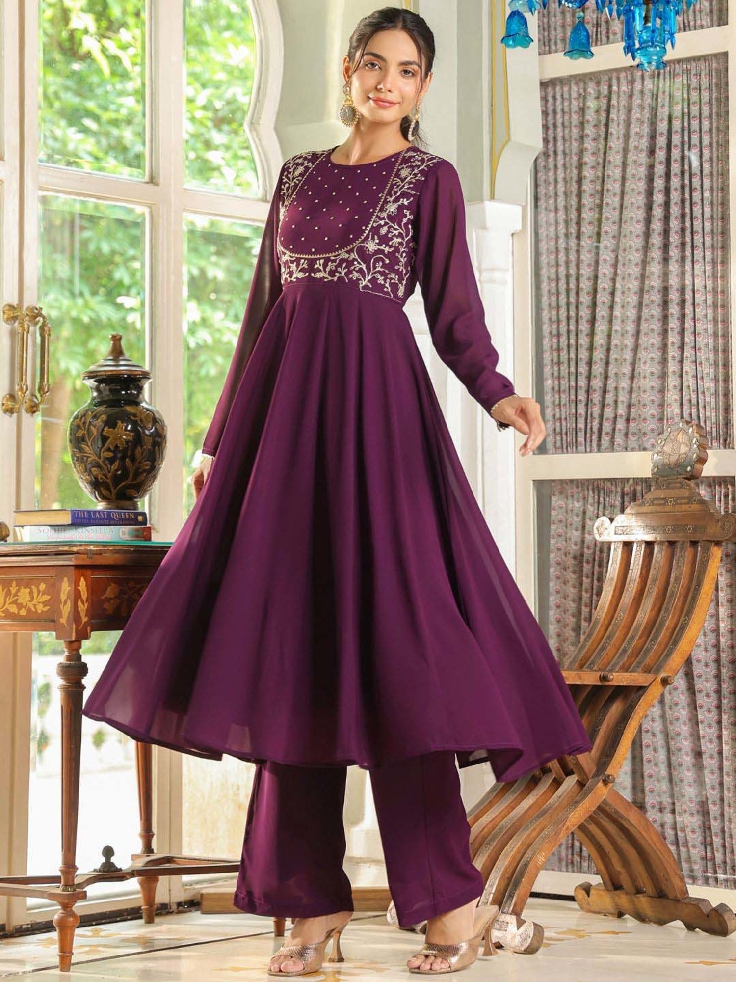 Janasya Purple Embroidered Kurta Palazzo Set With Dupatta