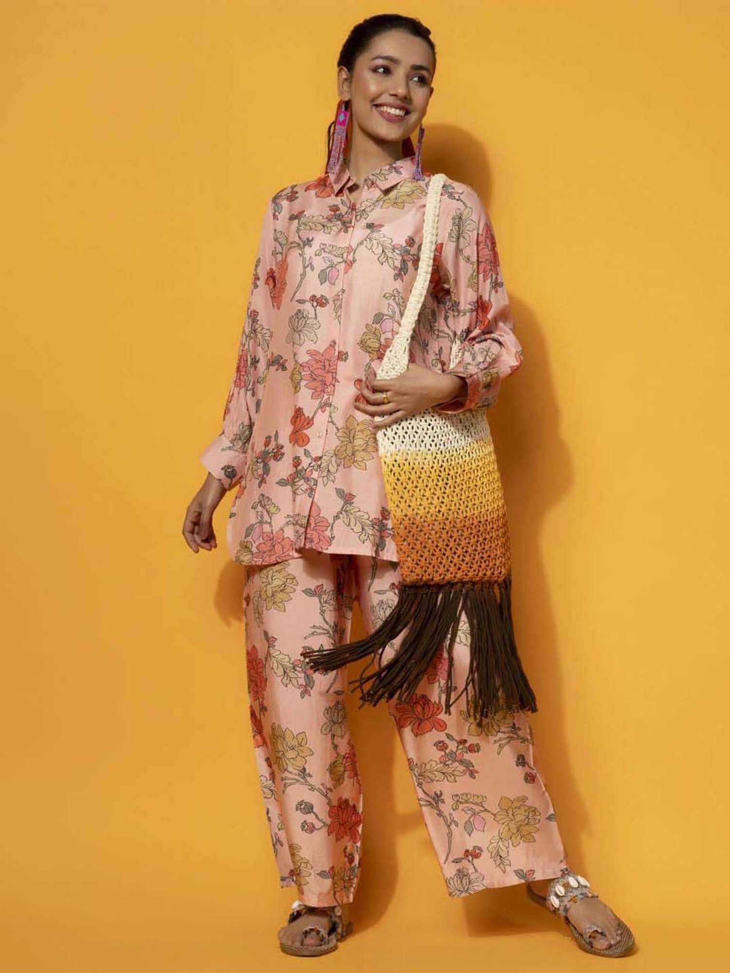 Libas Peach Printed Silk Blend Co-Ords