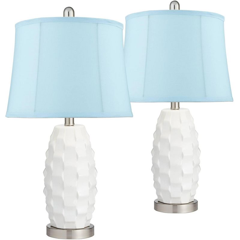 360 Lighting Scalloped Ceramic LED Blue Softback Table Lamps Set of 2