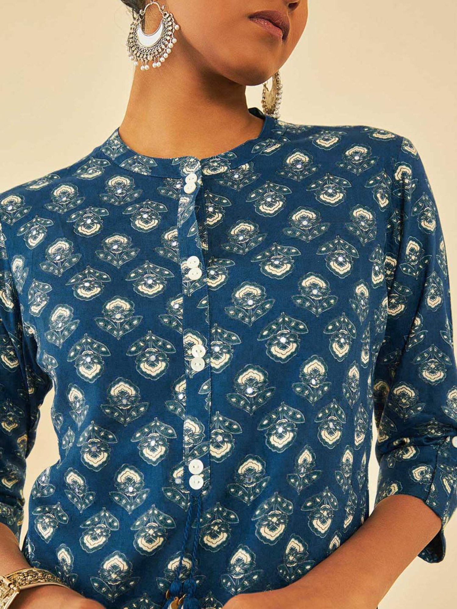 Soch Blue Rayon Floral Printed Tunic With Faux Mirror