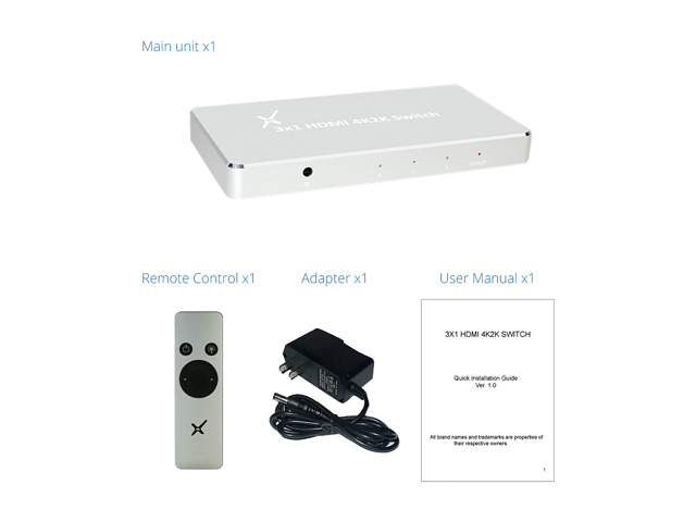 XtremPro 64301KA 3x1 HDMI Aluminum 4K2K 3D /60Hz 3 In 1 Out Switch w/IR Wireless Remote control, AC Power Adapter 100 ~ 240V, Supports HDCP, LPCM, DTS, 3D All Format - Silver