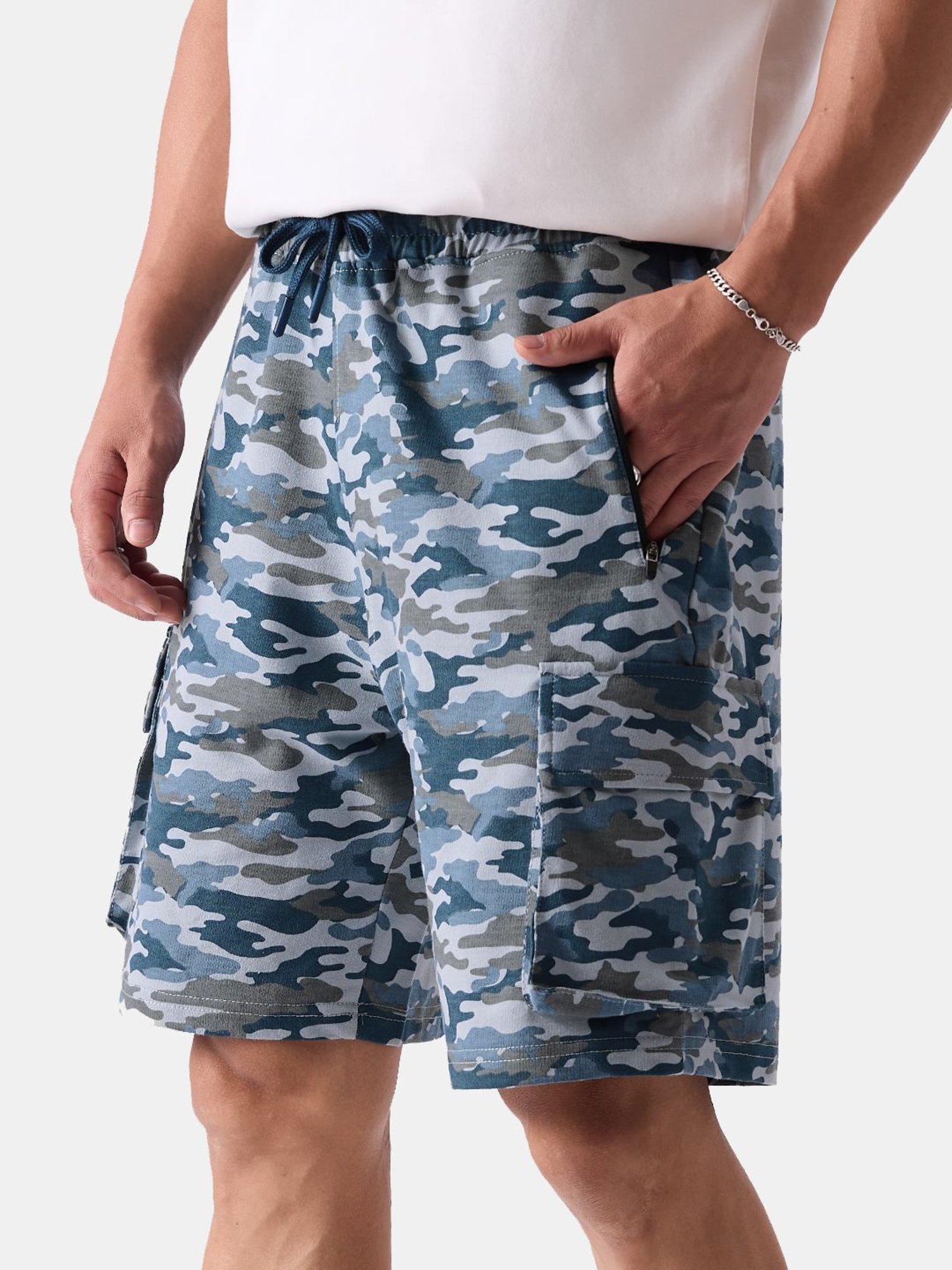 The Souled Store Blue Regular Fit Camouflage Cargo Shorts
