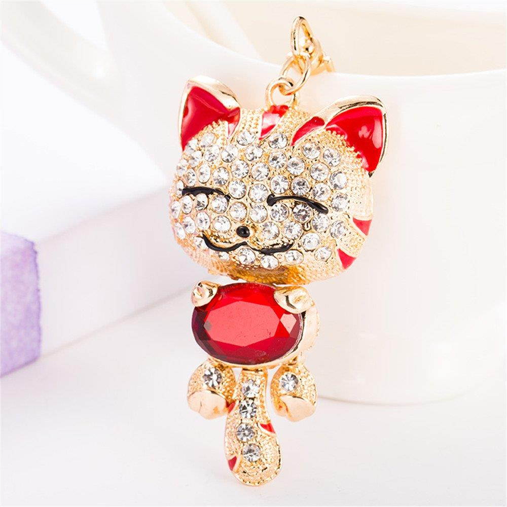 Cute Kitten Cat Bling Crystals Rhinestone Key Chain Keyring Holder Handbag Charm For Pet Lover (Red)