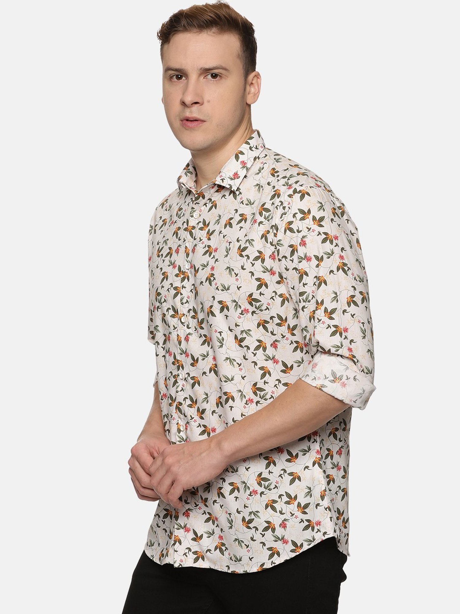 Don Vino Cream Slim Fit Printed Shirt